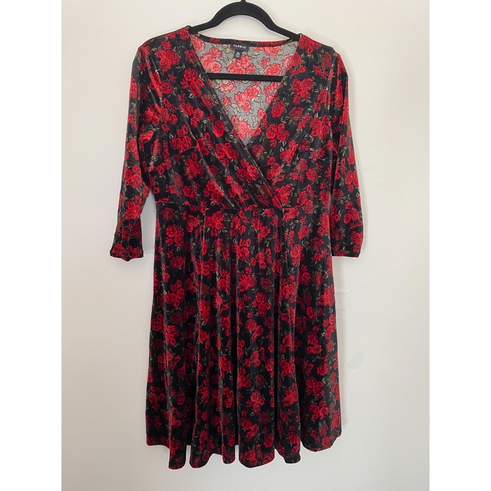 Velvet Faux Wrap Dress with Red Rose Print